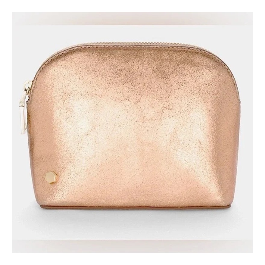 Chico's Nwt Rose Gold Structured Shine Leather Pouch Cosmetic Bag Travel Case